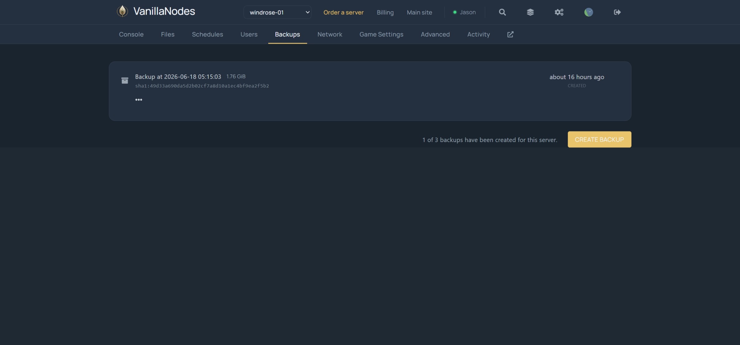 Nightly backups for a Windrose server in the VanillaNodes panel, with checksums