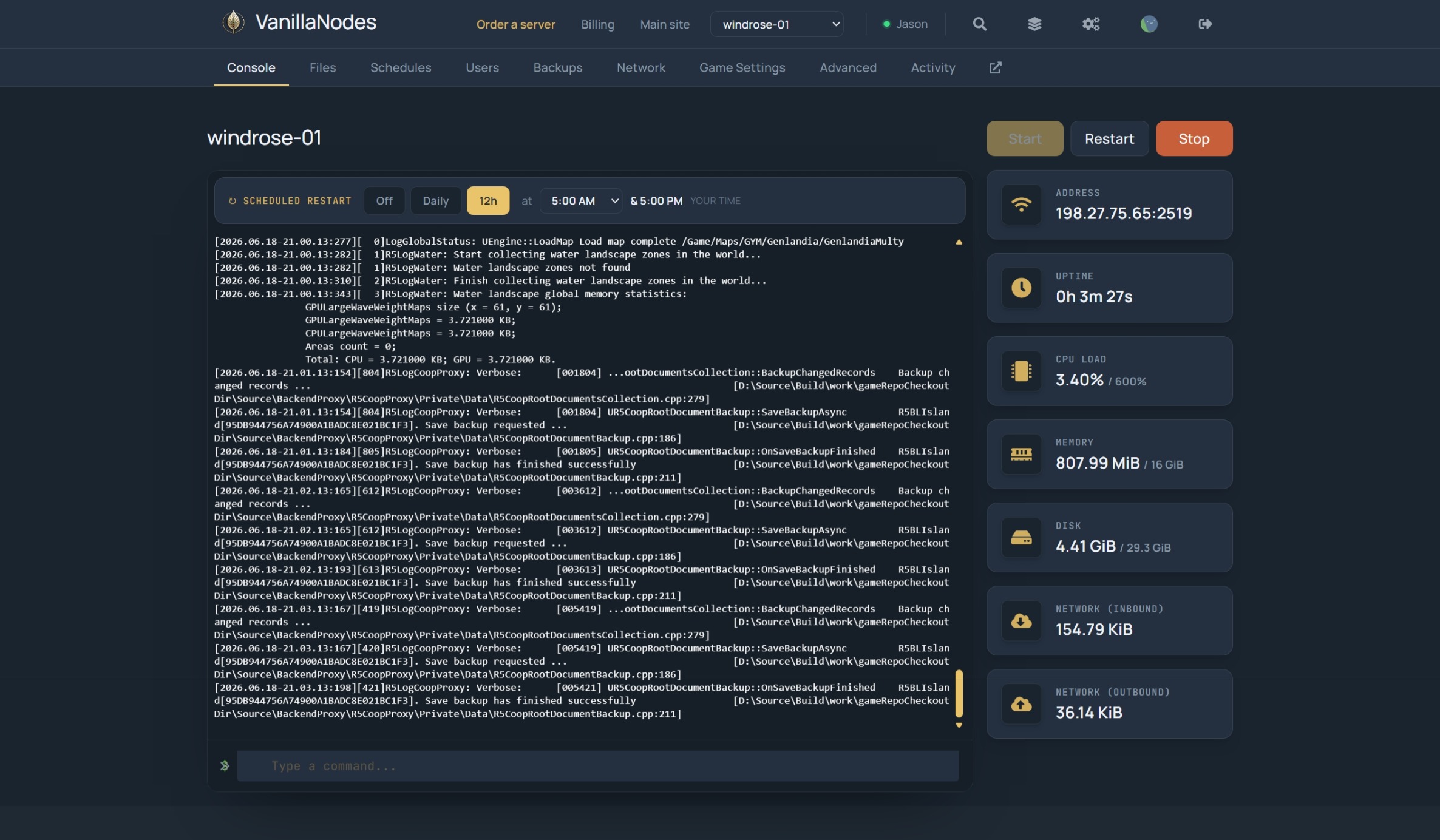 VanillaNodes console for a Windrose server — live log, power controls, scheduled restart and resource stats